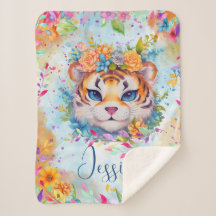 Cute Watercolor Tiger with flowers 