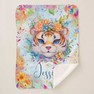 Cute Watercolor Tiger with flowers  Sherpa Blanket