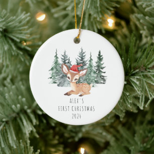 Cute Watercolor Tree & Deer Baby's First Christmas Ceramic Tree Decoration