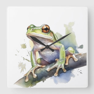 Cute Watercolor Tree Frog Square Wall Clock