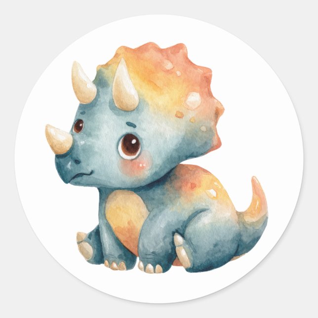 Cute Watercolor Triceratops Dino Illustration Classic Round Sticker (Front)