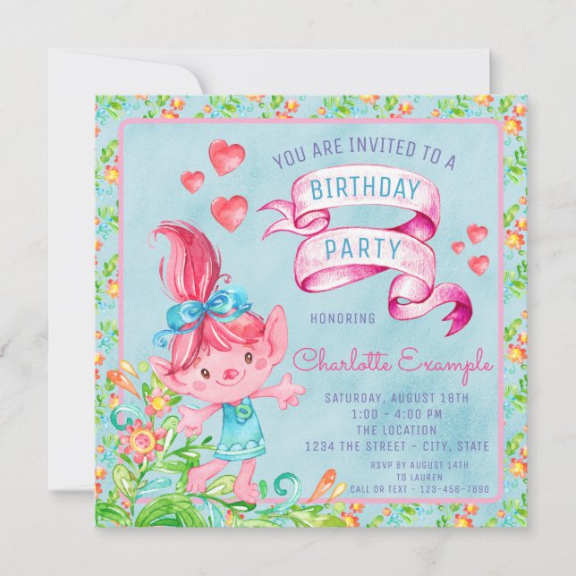 Cute Watercolor Troll Birthday Party Invitation (Front)