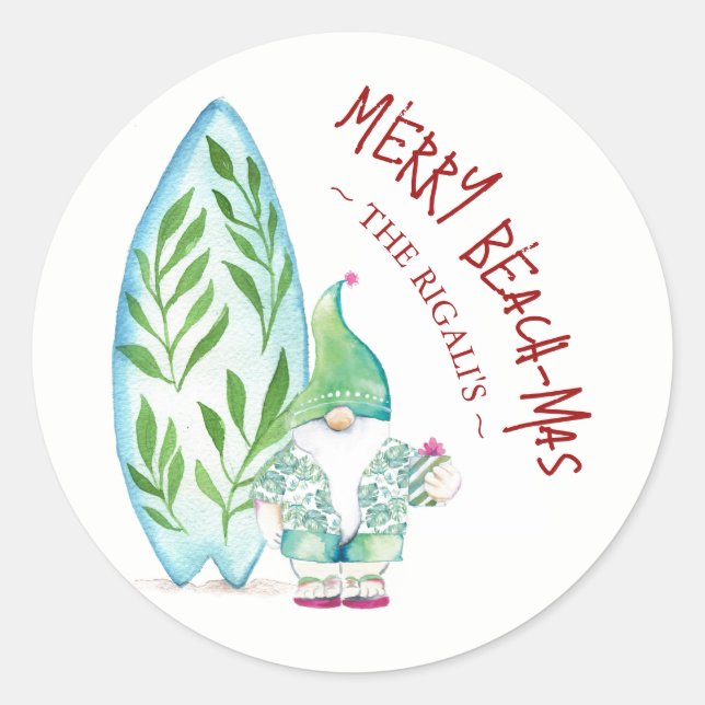 Cute Watercolor Tropical Beach Christmas Classic Round Sticker (Front)
