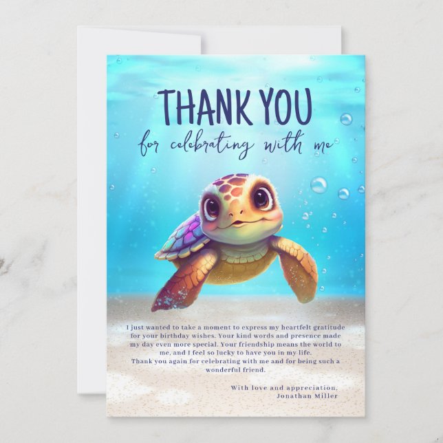 Cute Watercolor Turtle Birthday Photo Thank You Card (Front)
