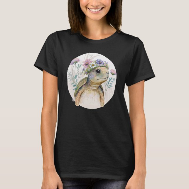 Cute Watercolor Turtle Flower Crown Sea Animal T-Shirt (Front)