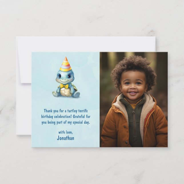 Cute watercolor turtle kids birthday photo thank you card (Front)