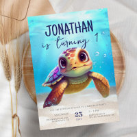 Cute Watercolor Turtle Under the Sea Birthday