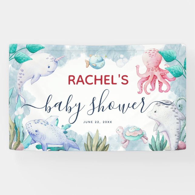 Cute Watercolor Under the Sea Baby Shower Banner (Horizontal)