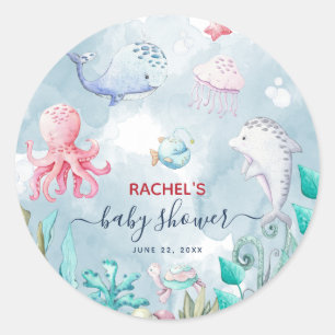 Cute Watercolor Under the Sea Baby Shower  Classic Round Sticker