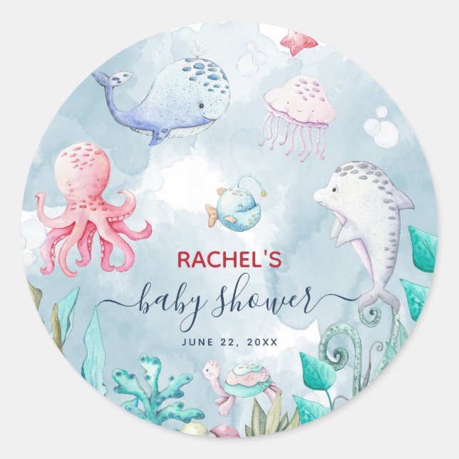 Cute Watercolor Under the Sea Baby Shower  Classic Round Sticker (Front)