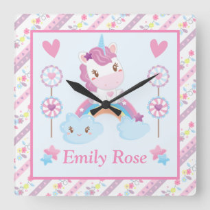 Cute Watercolor Unicorn and Rainbow Square Wall Clock