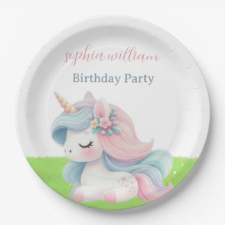 Cute Watercolor Unicorn Birthday Party Paper Plate