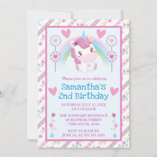 Cute Watercolor Unicorn & Rainbow Birthday Invitation