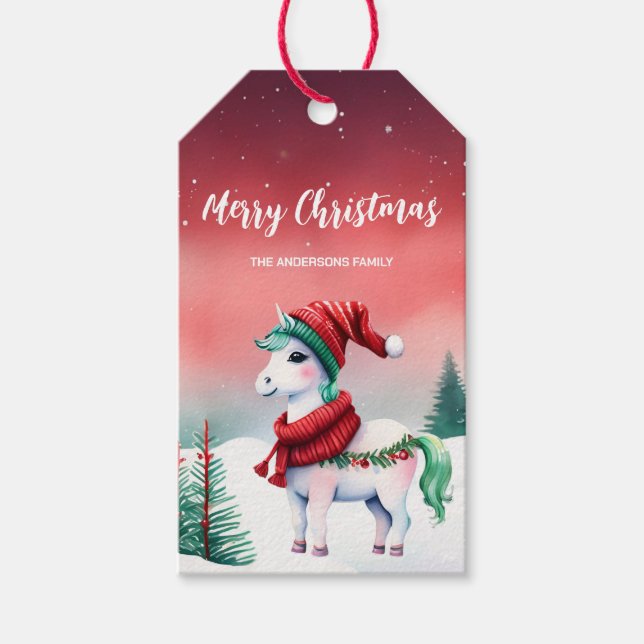 Cute watercolor unicorn Santa Christmas party kid Gift Tags (Front)