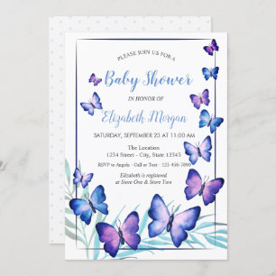 Cute Watercolor Violet Butterflies Dots Baby  Invitation