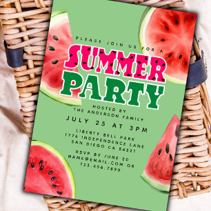 Cute Watercolor Watermelon Summer Party Green Invitation