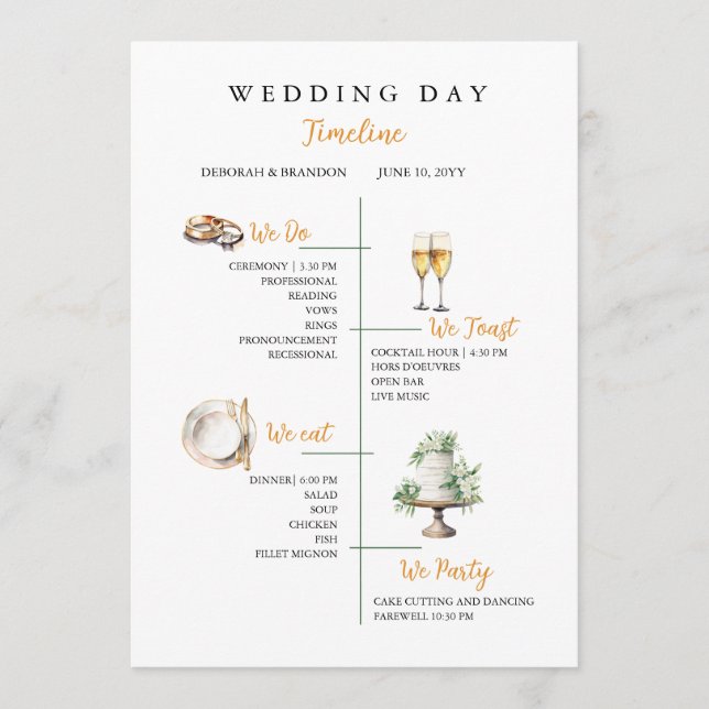 Cute Watercolor Wedding day Timeline Flat  Programme (Front)