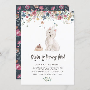 Cute Watercolor Westie Floral Kids Birthday Party Invitation