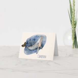 Cute Watercolor Whale Nautical Blue Personalised Note Card