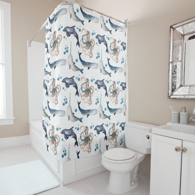 Cute Watercolor Whale/Octopus Shower Curtain (In Situ)
