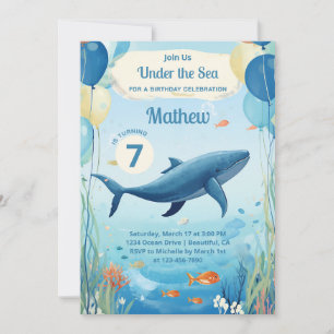 Cute Watercolor Whale Under the Sea Ocean Birthday Invitation