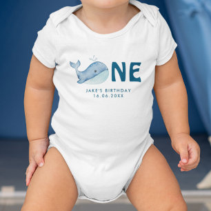 Cute Watercolor Whale With Baby's Name & Date Baby Bodysuit