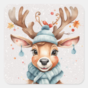 Cute Watercolor Whimsical Christmas Reindeer Square Sticker