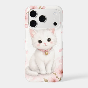 Cute Watercolor White Cat with Cherry Blossoms
