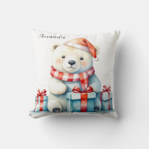 Cute Watercolor White Christmas Polar Bear Cushion