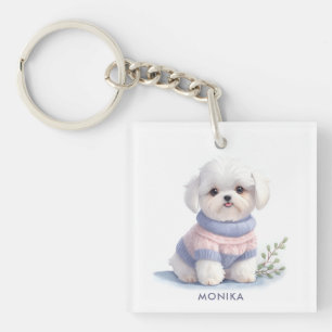 Cute Watercolor White Maltese Puppy Dog Personised Key Ring