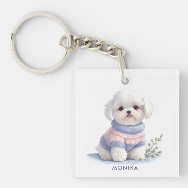 Cute Watercolor White Maltese Puppy Dog Personised Key Ring (Front)