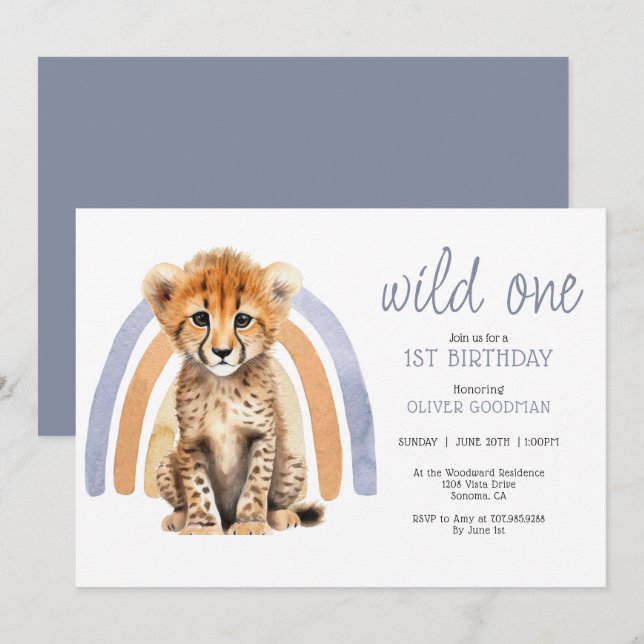 Cute Watercolor Wild One Boy 1st Birthday Cheetah  Invitation (Front/Back)