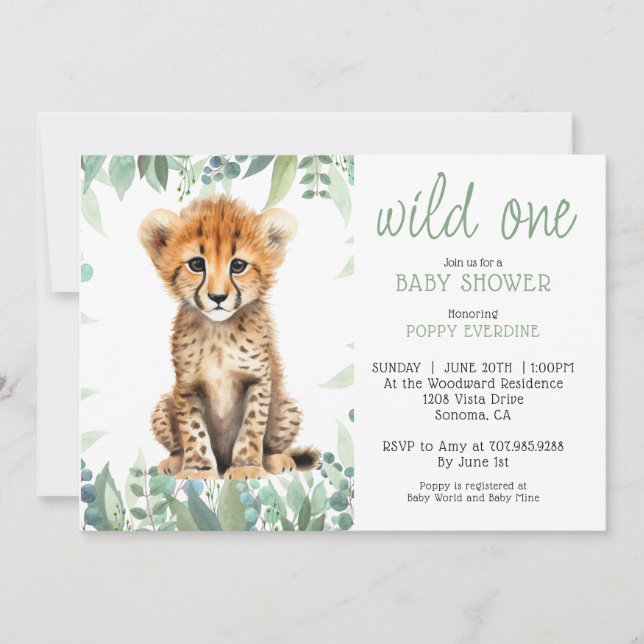 Cute Watercolor Wild One Cheetah Baby Shower  Invitation (Front)