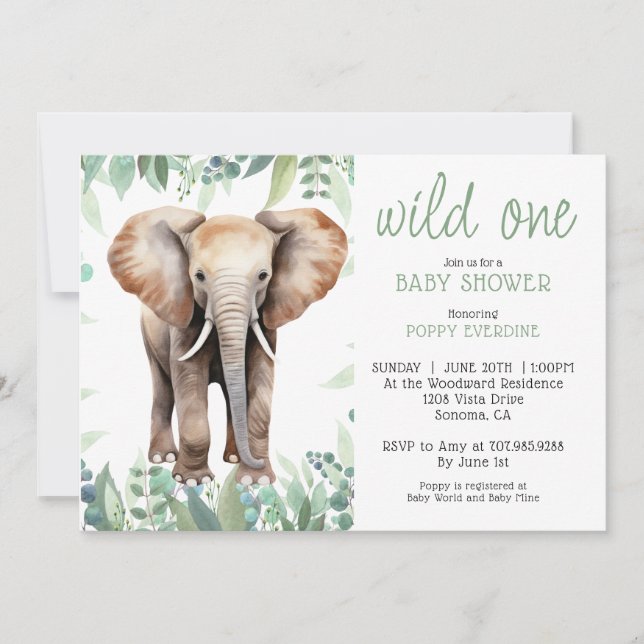 Cute Watercolor Wild One Elephant Baby Shower  Invitation (Front)
