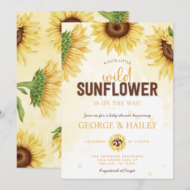 Cute Watercolor Wild Sunflower Baby Shower Invitation (Front/Back)