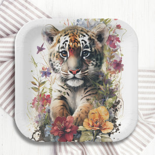 Cute Watercolor Wild Tiger Cub Kids Birthday Paper Plate