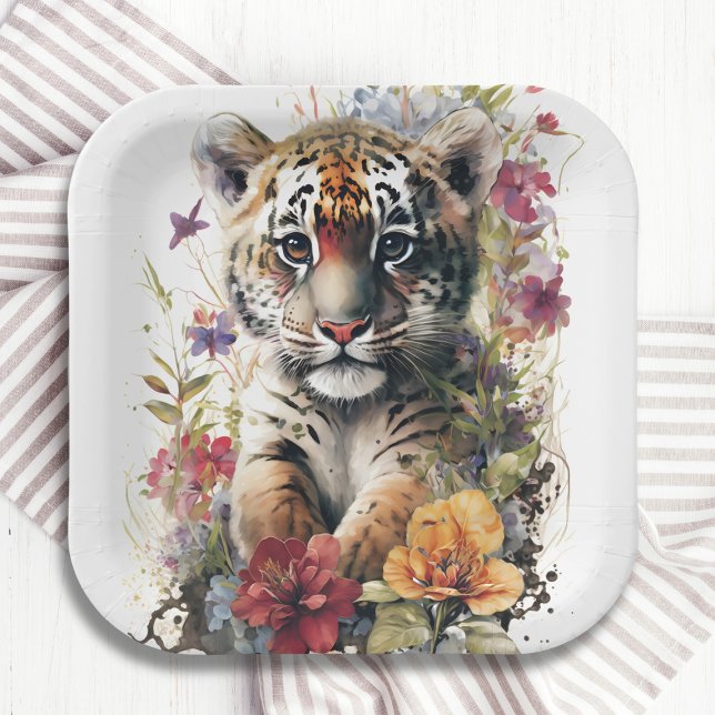 Cute Watercolor Wild Tiger Cub Kids Birthday Paper Plate (Creator Uploaded)