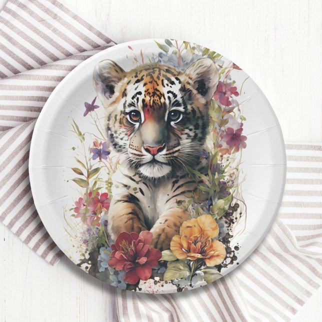 Cute Watercolor Wild Tiger Cub Kids Birthday Paper Plate (Creator Uploaded)