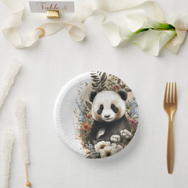 Cute Watercolor Wildflower Panda Bear Birthday Paper Plate (Wedding)