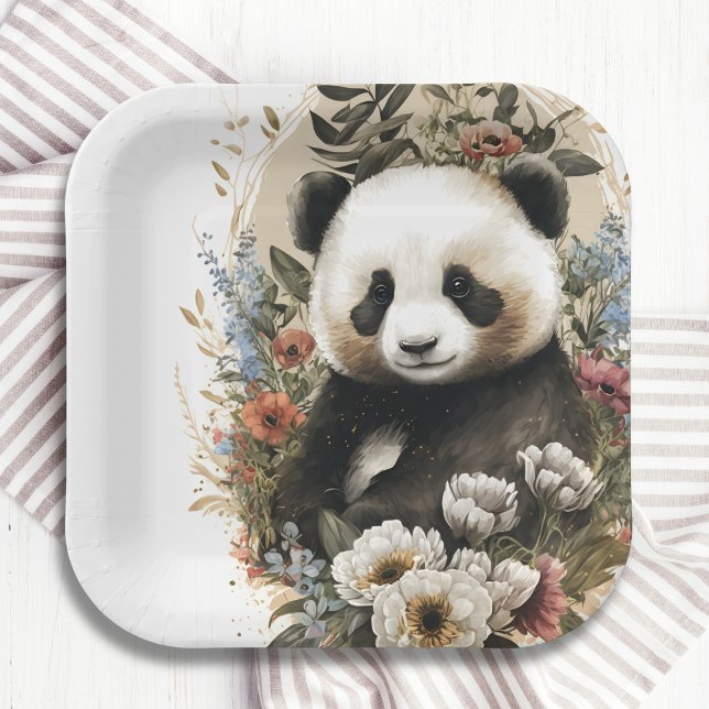Cute Watercolor Wildflower Panda Bear Birthday Paper Plate (Creator Uploaded)
