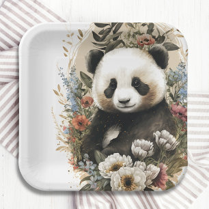 Cute Watercolor Wildflower Panda Bear Birthday Paper Plate