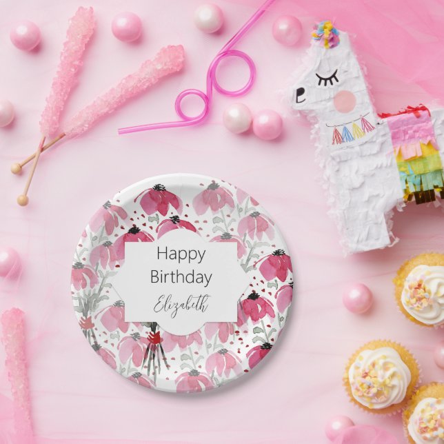 Cute Watercolor Wildflowers in Pink Tones Paper Plate (Party)
