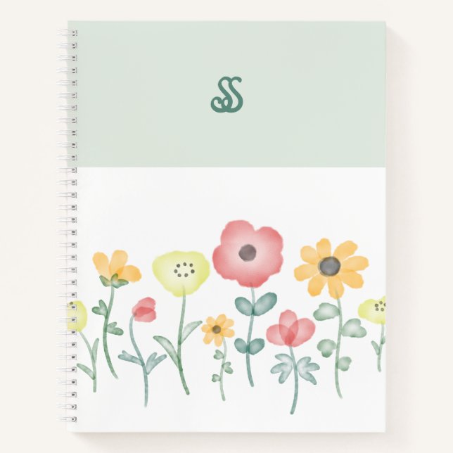 Cute Watercolor Wildflowers with Monogram Notebook (Front)