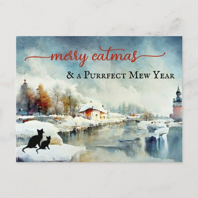 Cute Watercolor Winter Cat Christmas New Year Postcard (Front)