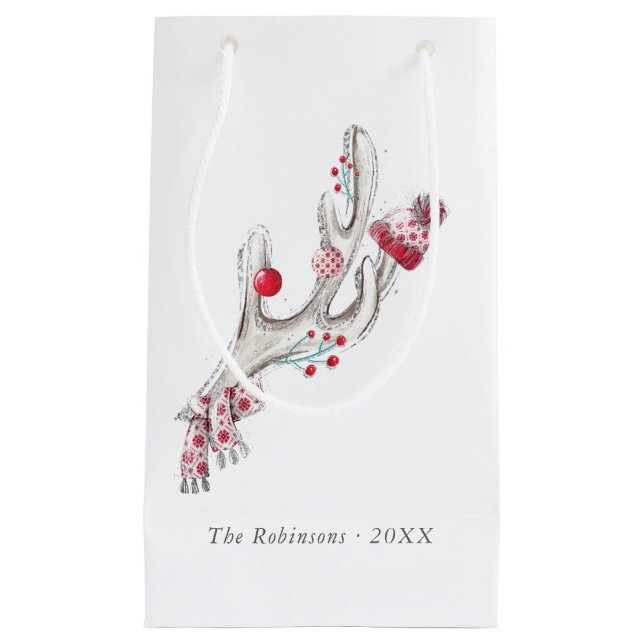 Cute watercolor Winter Deer Antlers Christmas Small Gift Bag (Front)