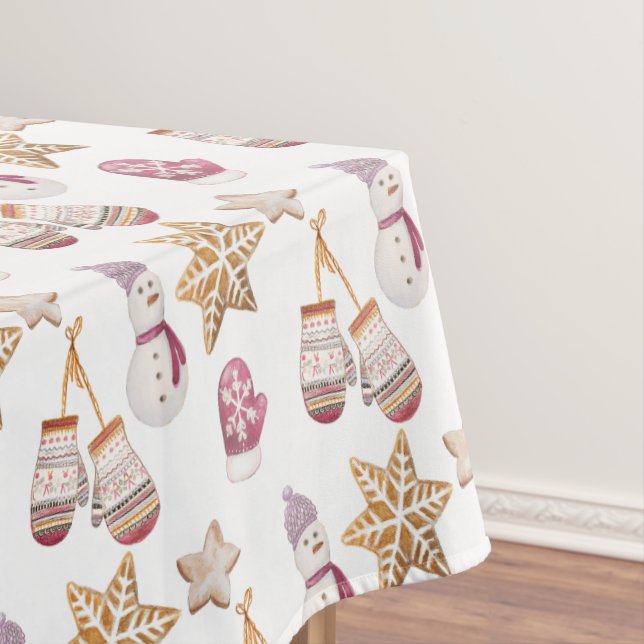 Cute Watercolor Winter Glowes Snowman Cookies Tablecloth (In Situ)