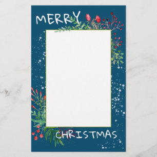Cute Watercolor Winter Greenery Blue Christmas Stationery