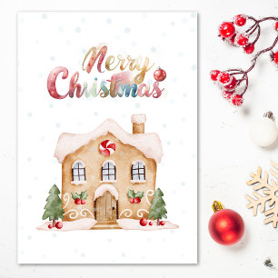 Cute Watercolor Winter House Merry Christmas Holiday Card
