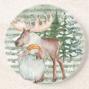 Cute Watercolor Winter Moose and Goat Coaster