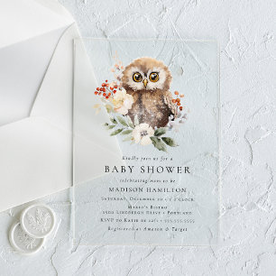 Cute Watercolor Winter Owl Baby Shower Acrylic Invitations
